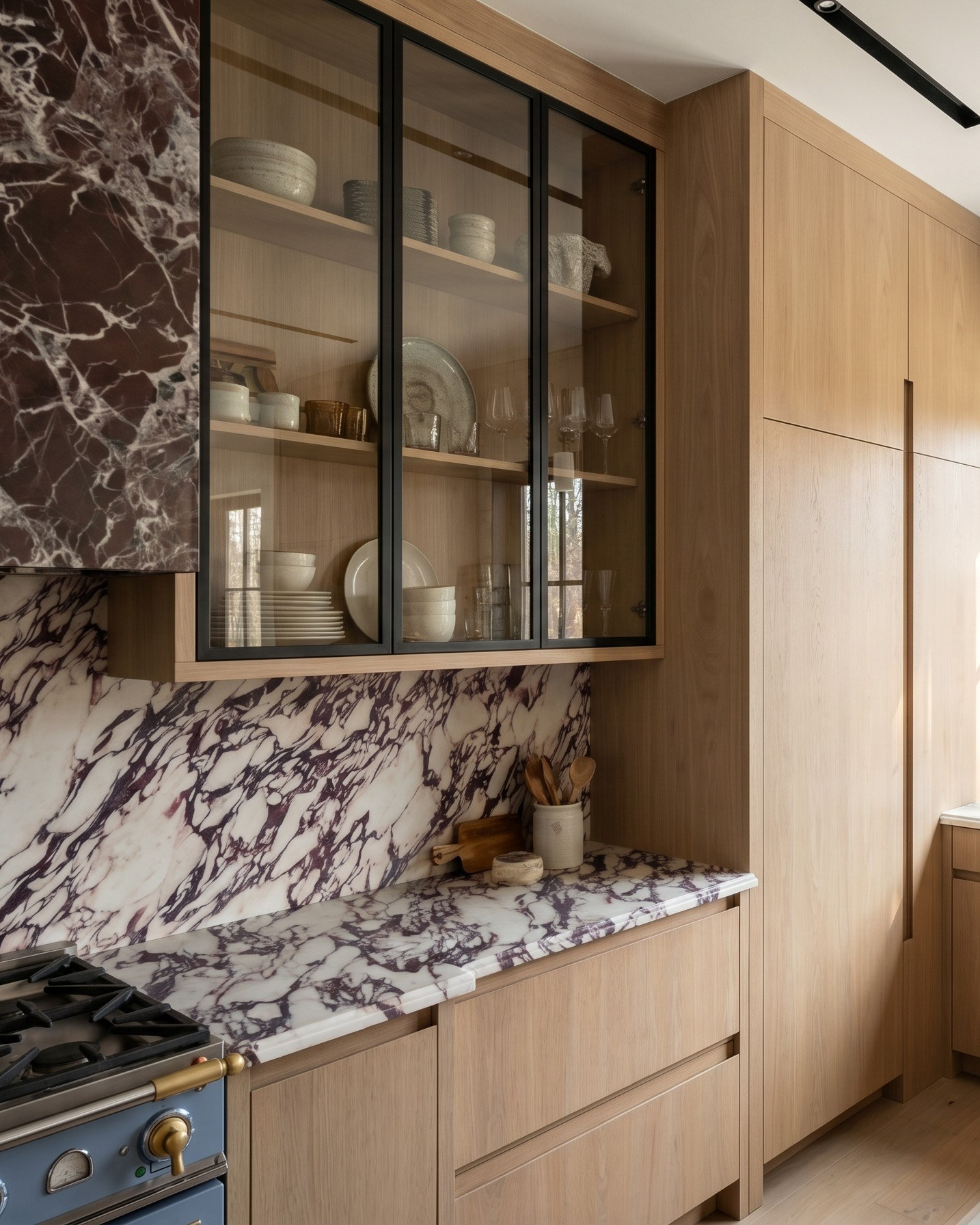 Sixth Lane kitchen with Calacatta Viola marble and white oak — Studio Kimi interior design in Milton