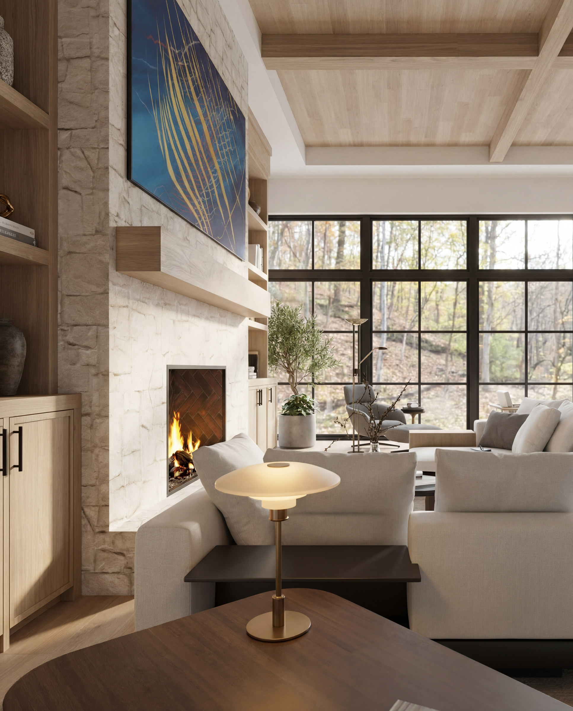 Sixth Lane living room corner with stone chimney — Studio Kimi interior design in Milton