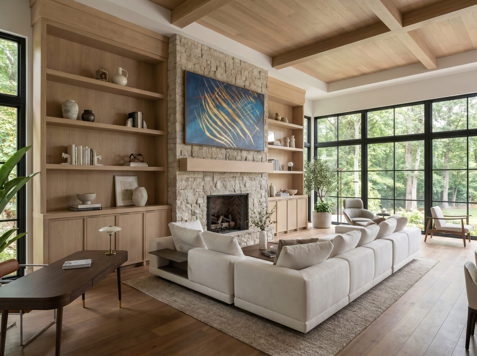 Sixth Lane living room with forest view — Studio Kimi interior design in the GTA