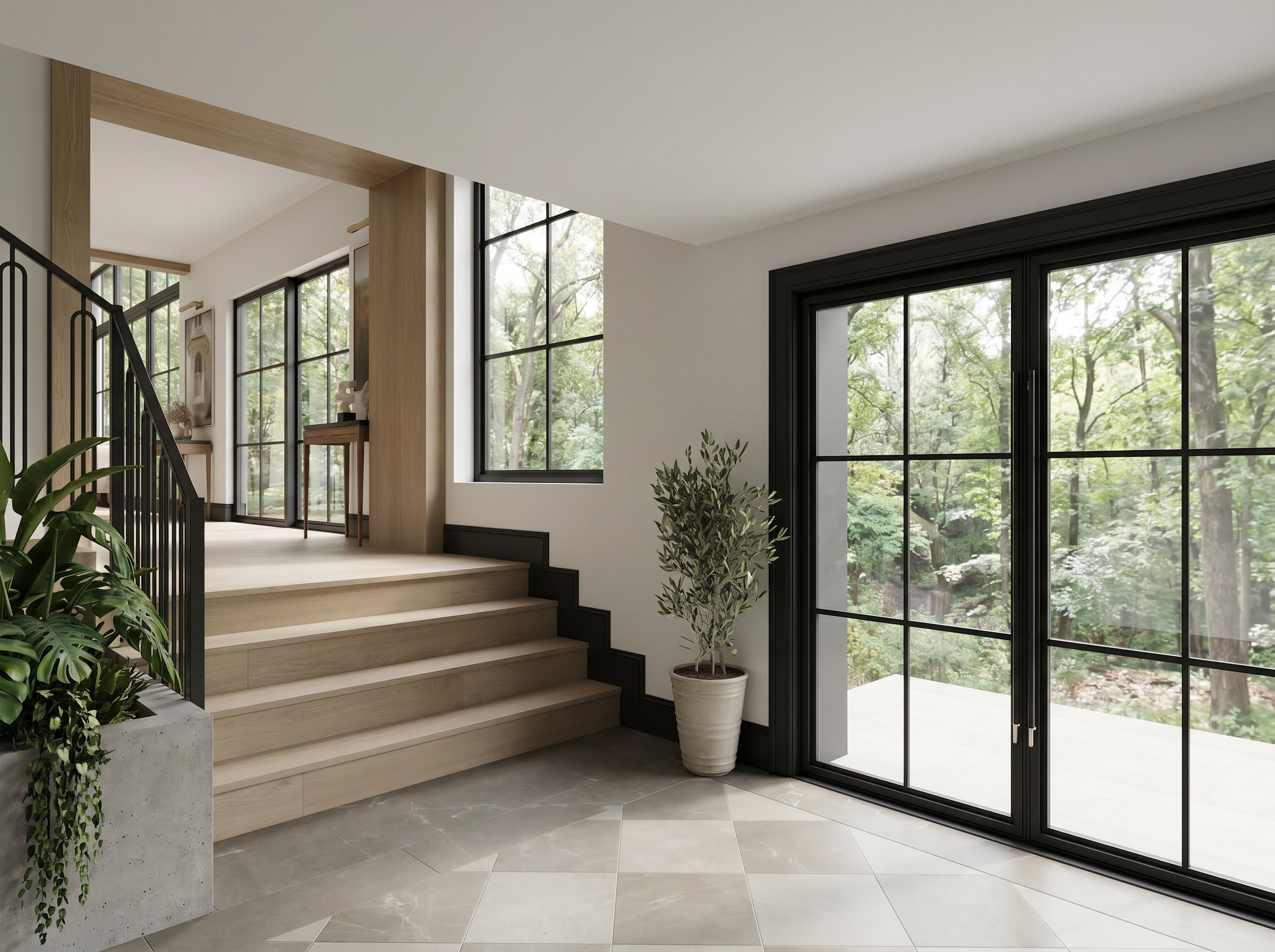 Sixth Lane oak stairs and steel-and-glass terrace doors — Studio Kimi interior design in Milton