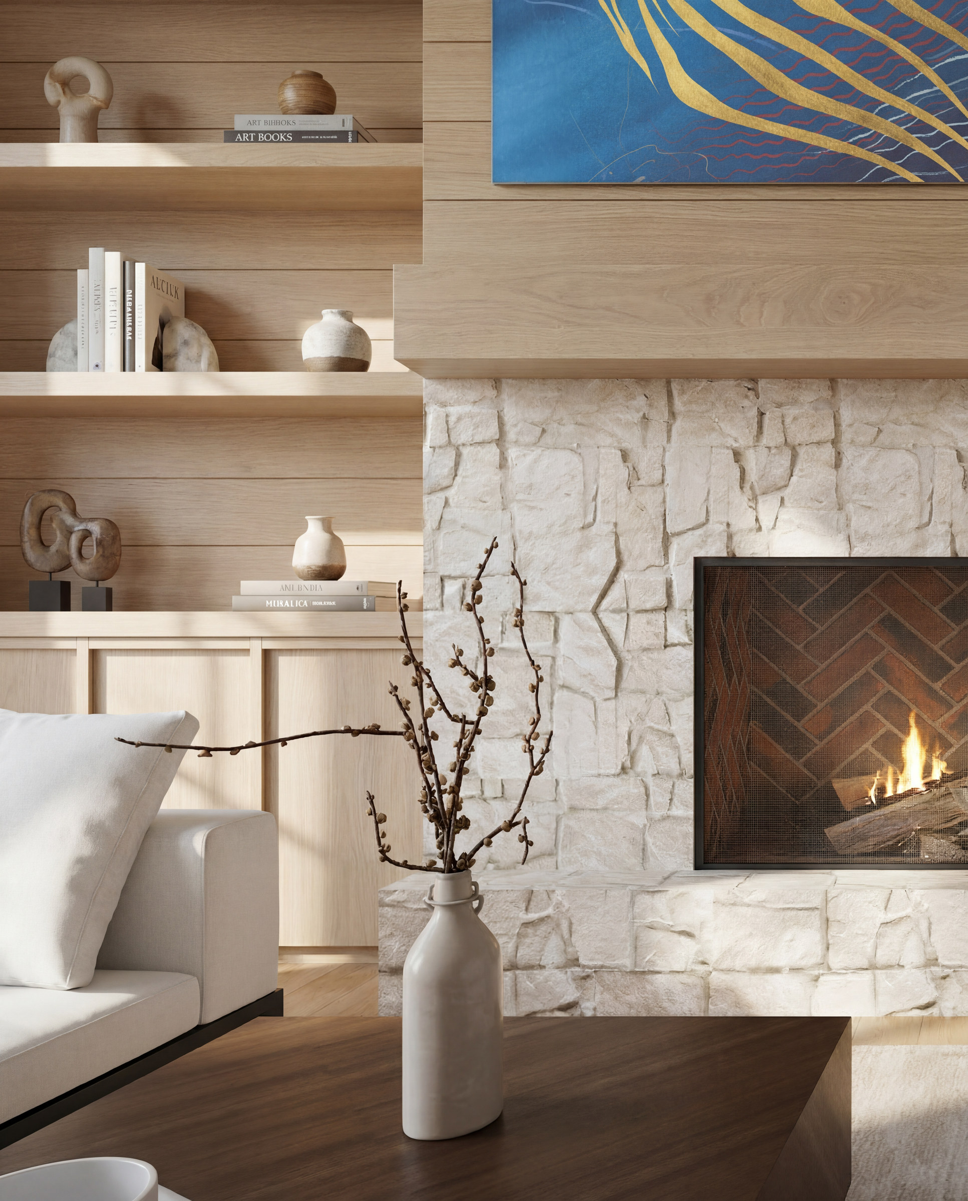 Sixth Lane white oak shelving and stone veneer — Studio Kimi interior design in Milton