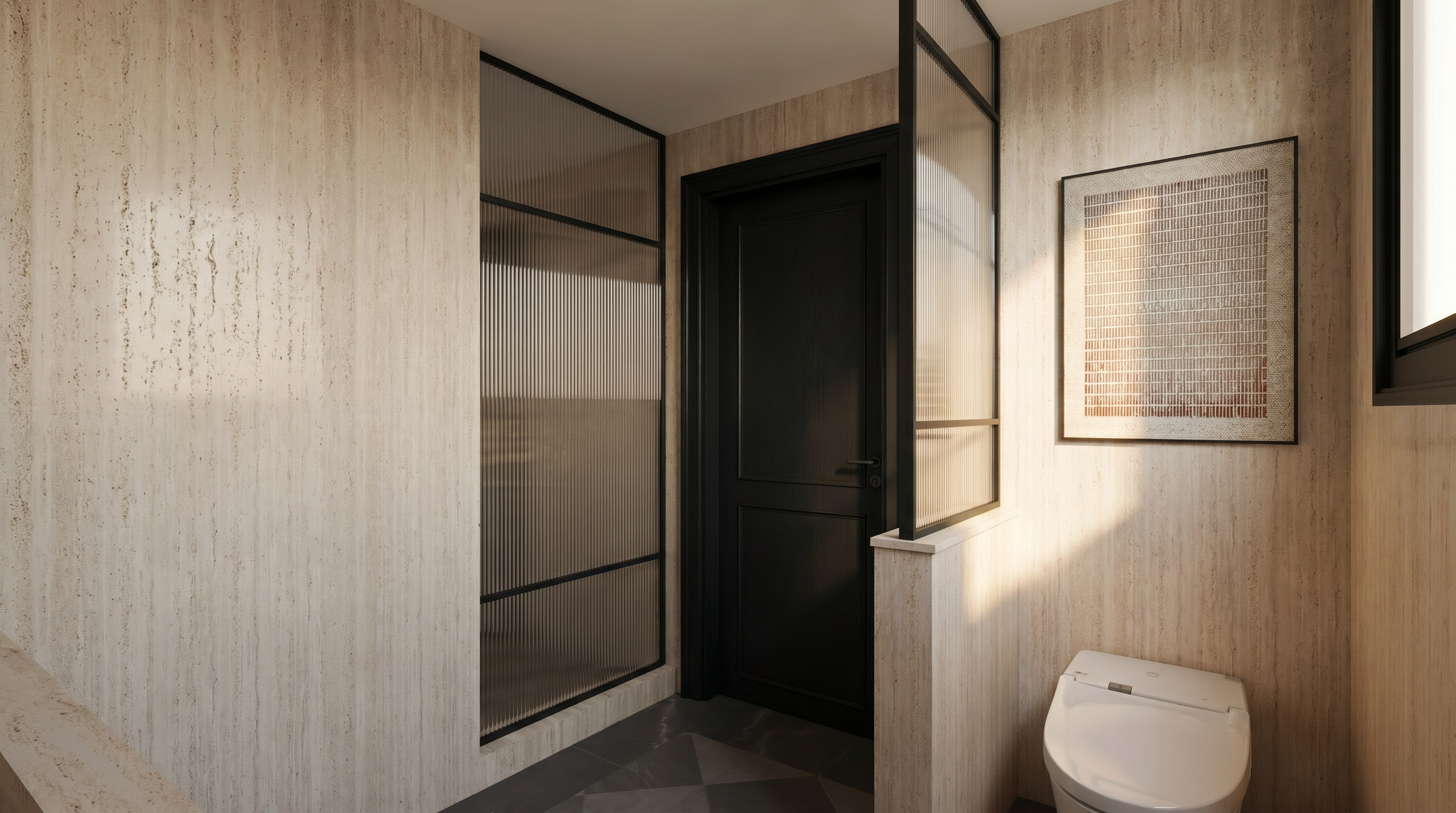 Sixth Lane powder room with reeded glass partition — Studio Kimi interior design in Milton