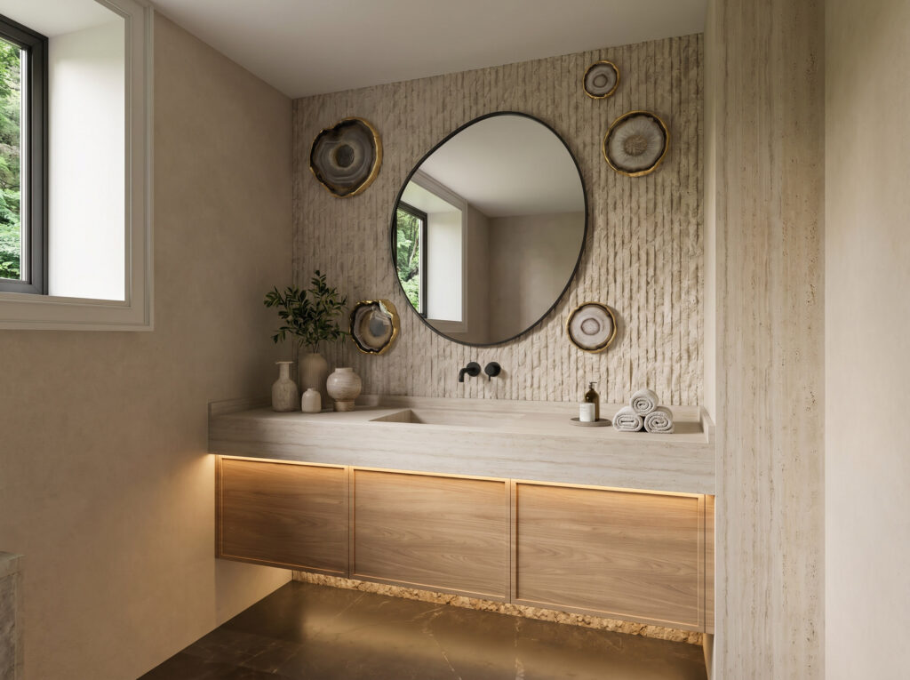 Sixth Lane powder room with fluted travertine and agate accents — Studio Kimi interior design in the GTA