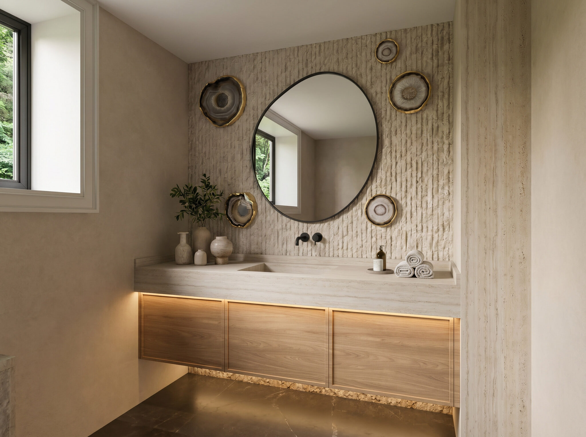 Sixth Lane powder room with fluted travertine and agate accents — Studio Kimi interior design in the GTA