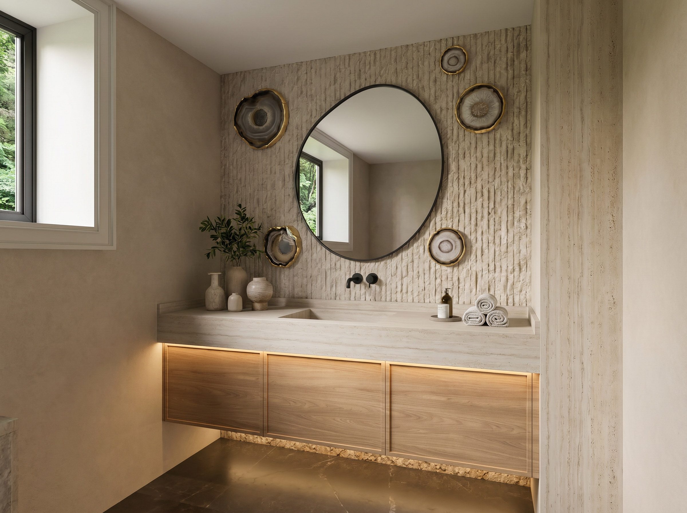 Sixth Lane powder room with fluted travertine and agate accents — Studio Kimi interior design in Milton
