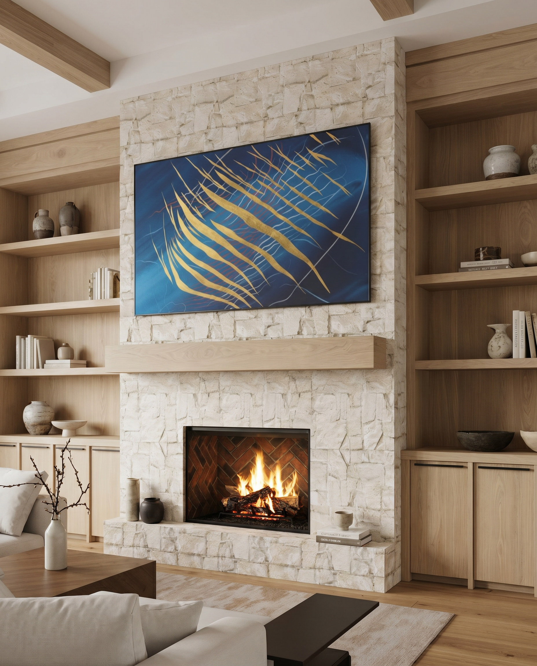 Sixth Lane stacked-stone fireplace — Studio Kimi interior design in Milton