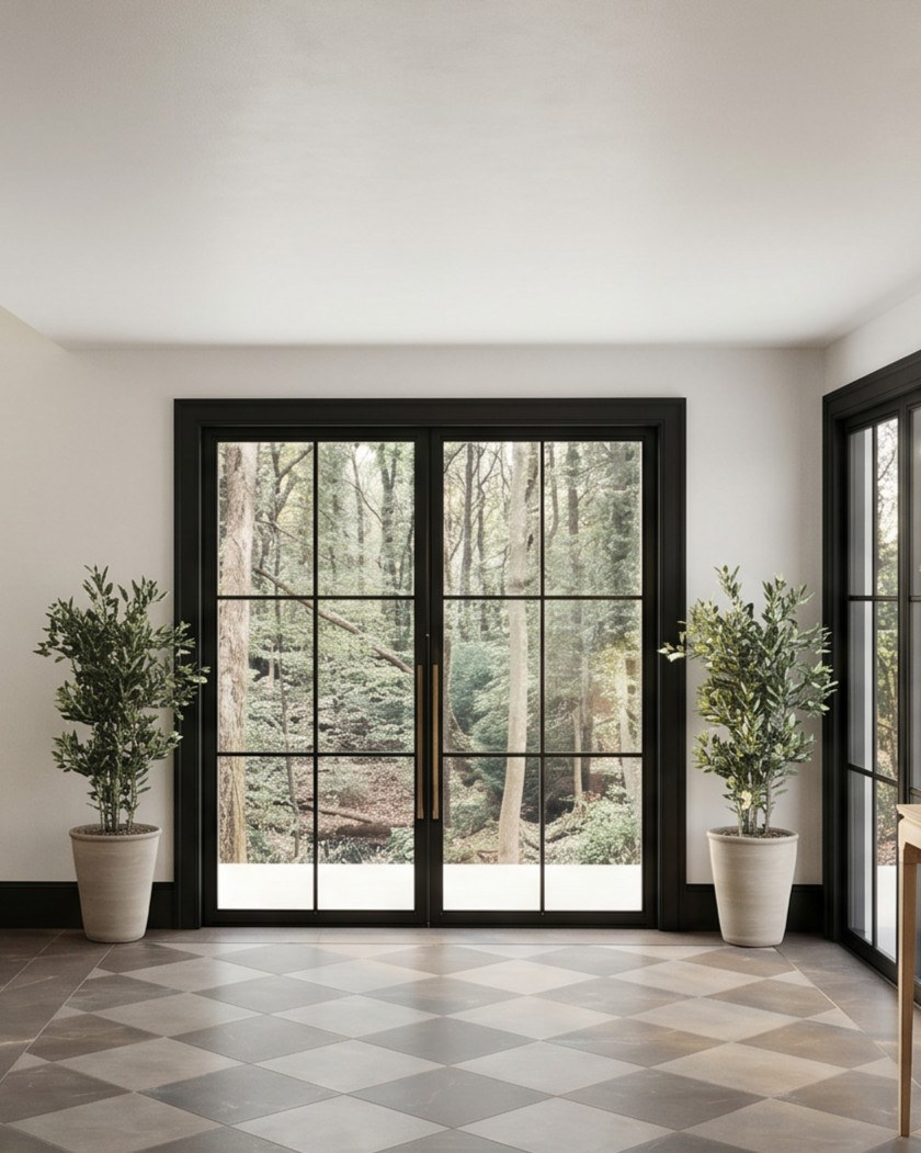 Sixth Lane black steel garden doors with olive trees — Studio Kimi interior design in Milton