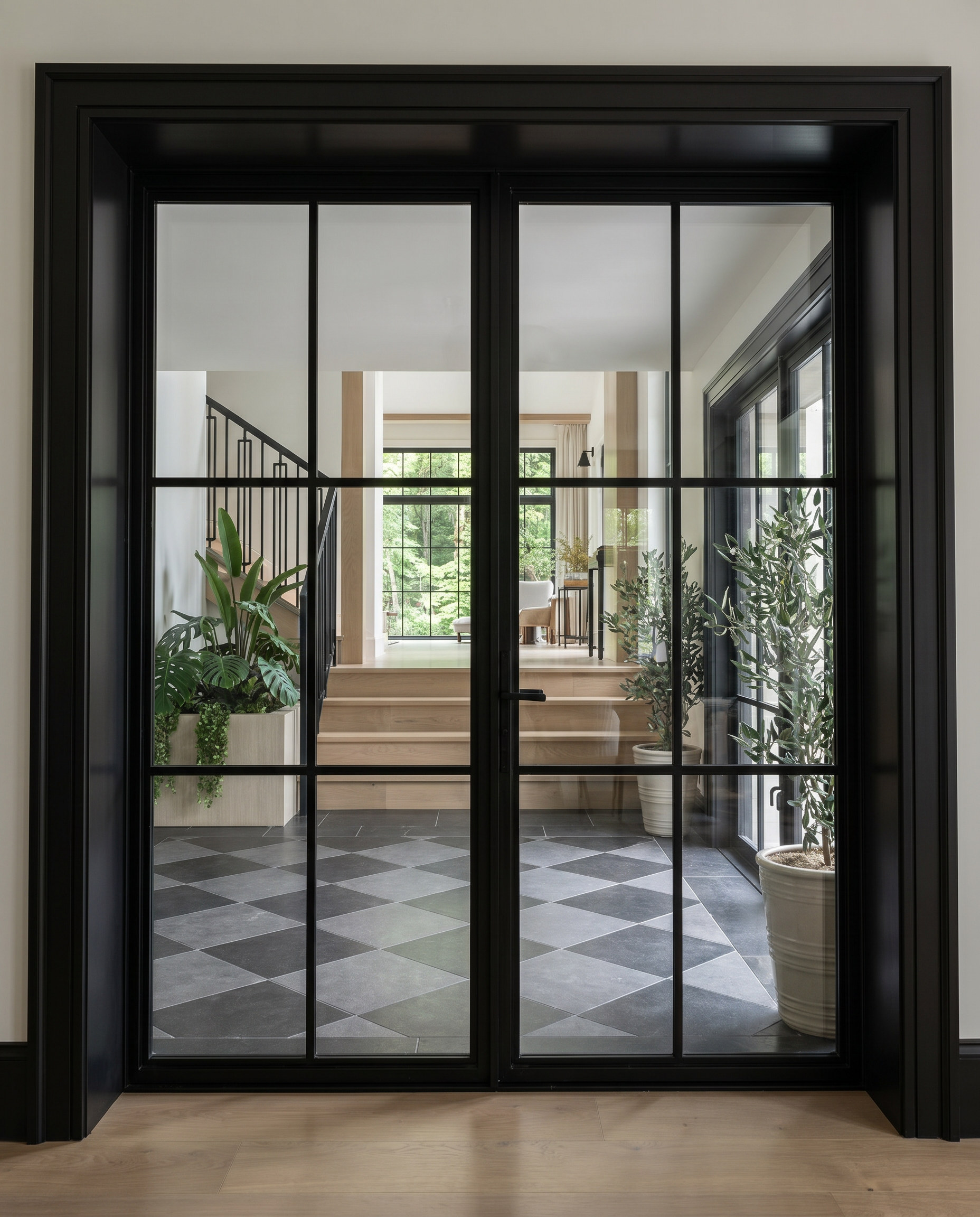 Sixth Lane steel-and-glass doors to the garden and main stair — Studio Kimi interior design in Milton