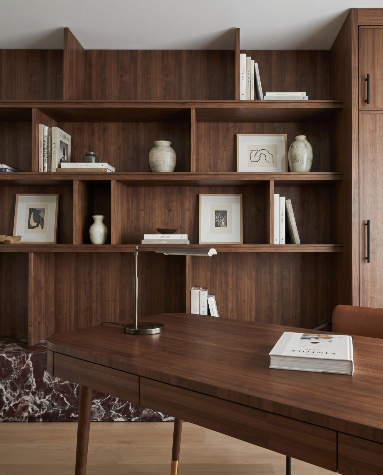 Sixth Lane open walnut shelving detail — Studio Kimi interior design in the GTA