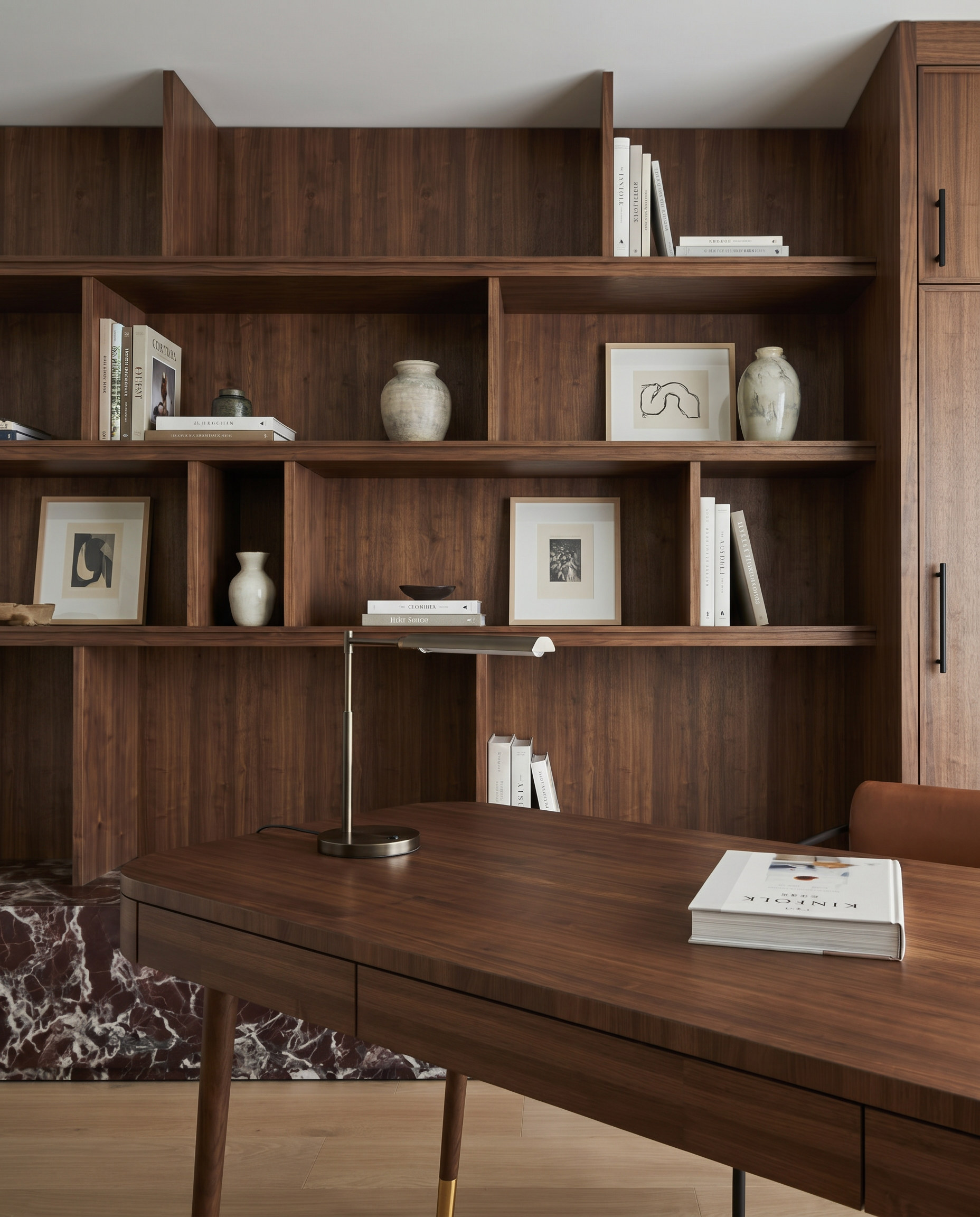 Sixth Lane open walnut shelving detail — Studio Kimi interior design in Milton