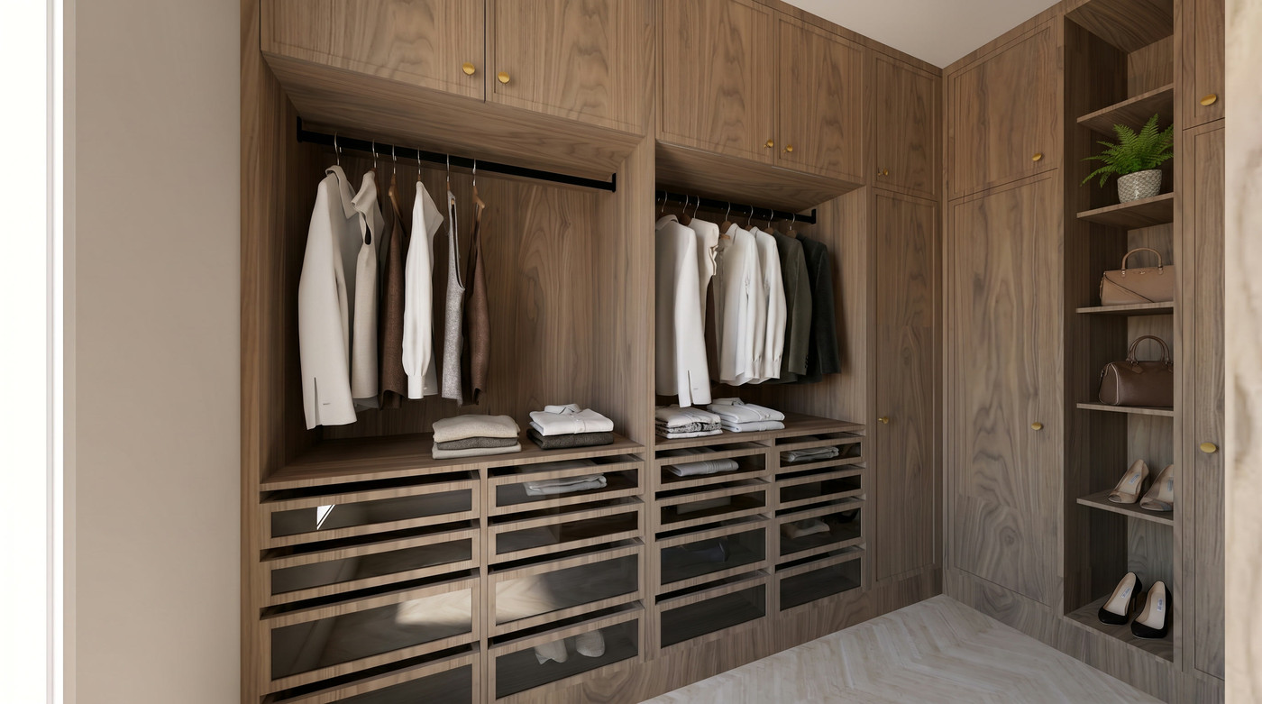 Walk-in closet hanging and drawers