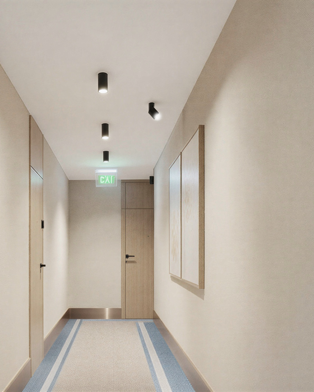 Pearl common corridor with oak feature wall — Studio Kimi, Burlington