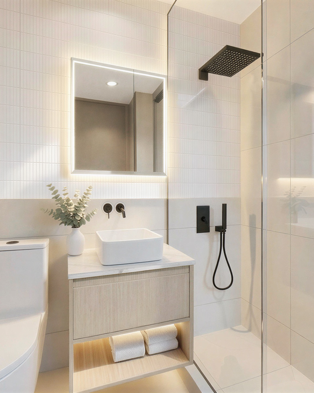 Pearl suite bathroom with floating vanity and matte-black fixtures — Studio Kimi, Burlington