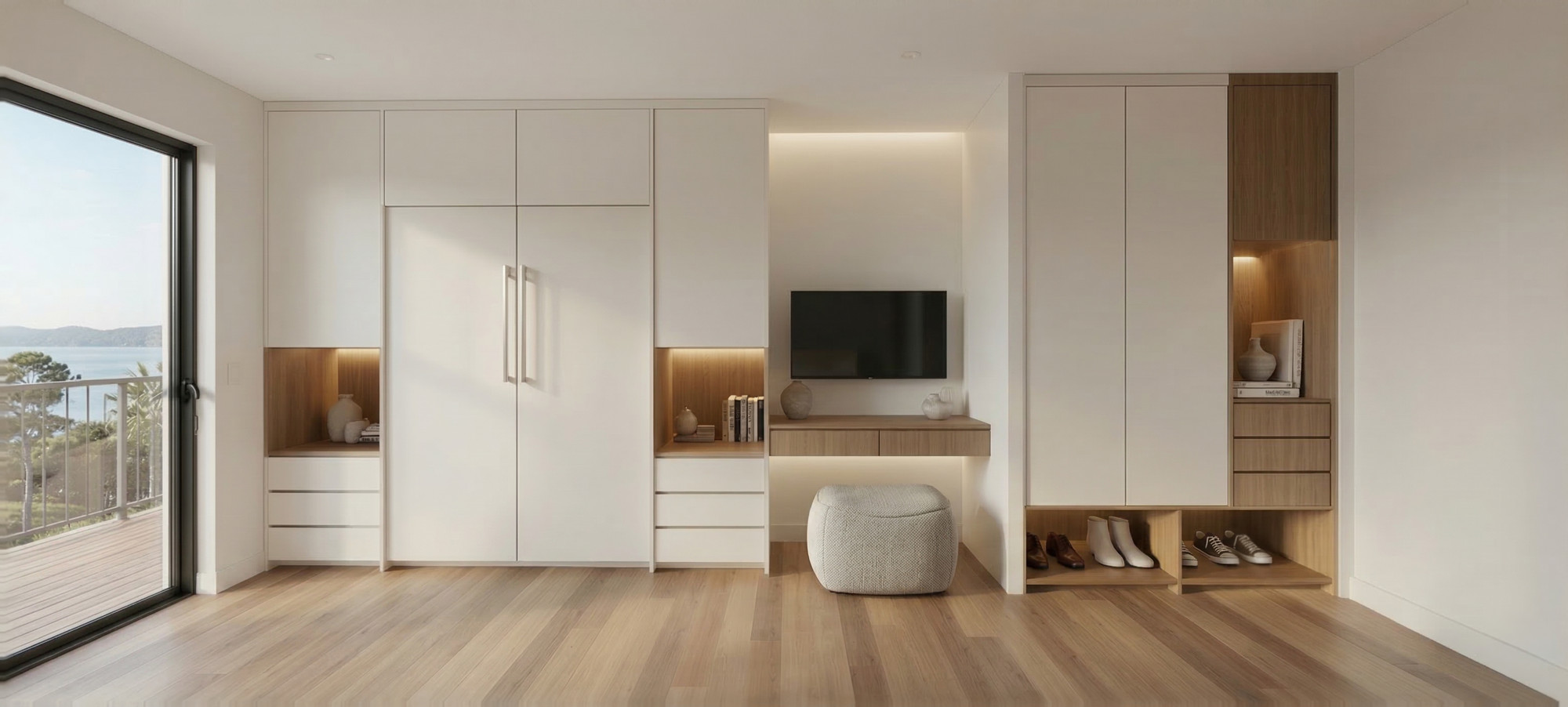 In the bachelor unit, a Murphy bed folds into the wall beside the media cabinetry — Studio Kimi