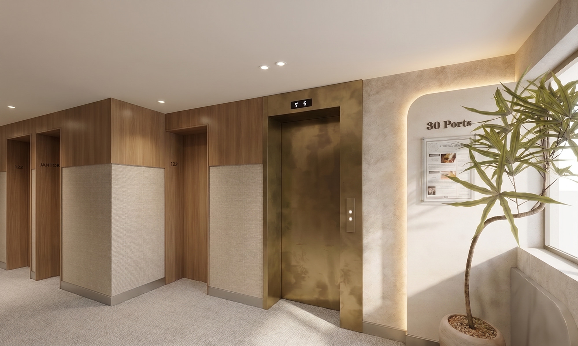 The elevator lobby, wrapped in warm wood — Studio Kimi