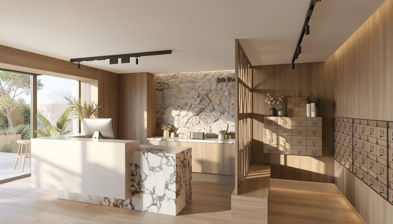 A stone counter and open oak shelving in the shared lobby — Studio Kimi