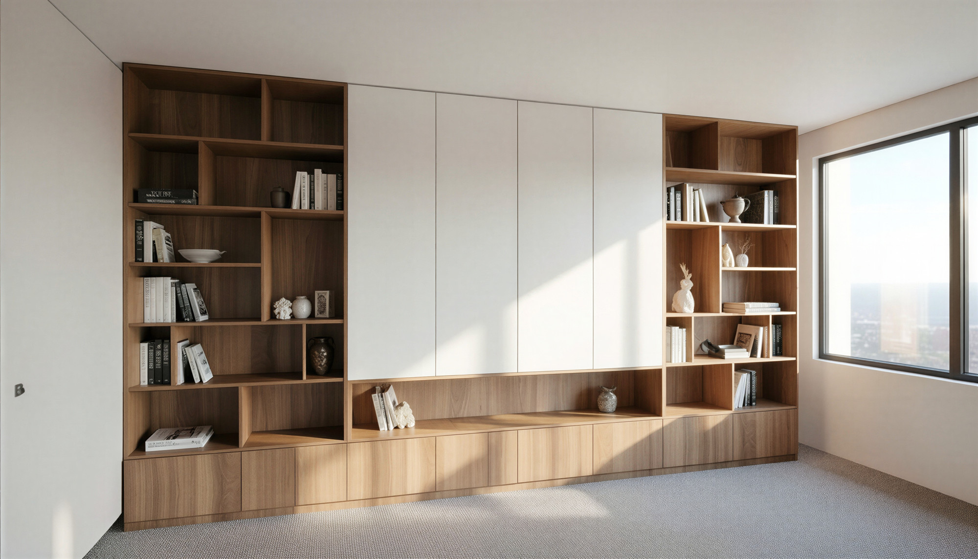 Built-in shelving lines the private office, open to the view — Studio Kimi