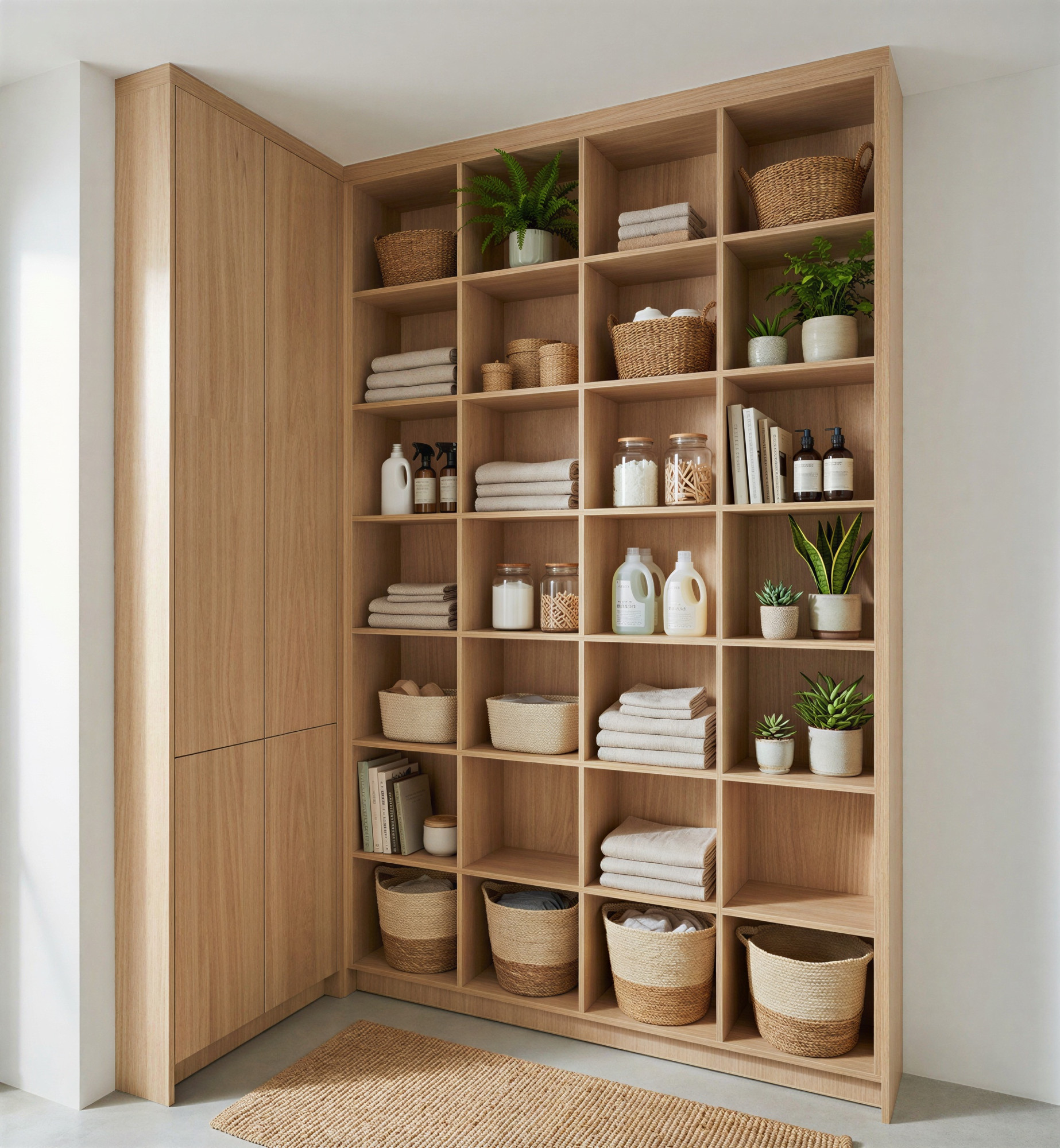 A fitted utility room keeps storage tidy in warm oak — Studio Kimi