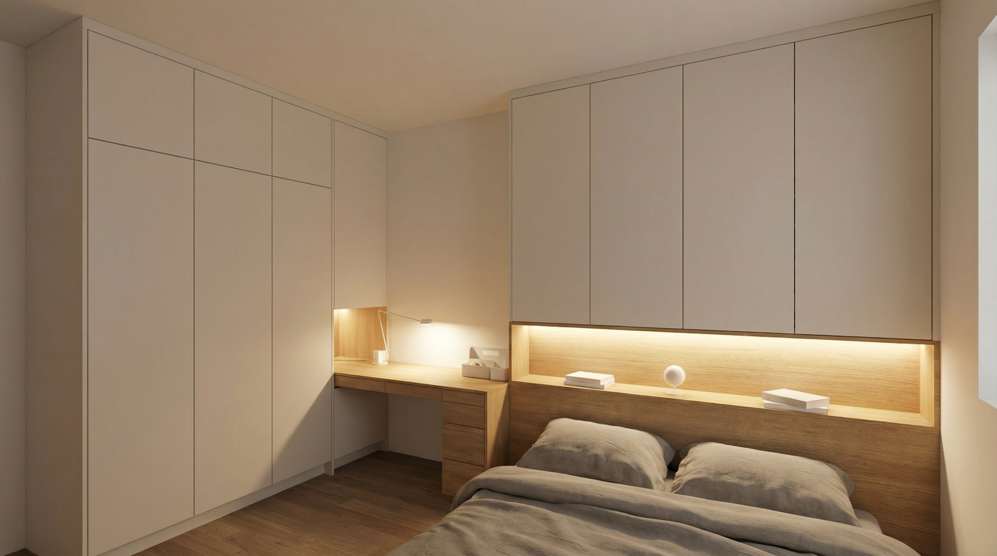 A suite bedroom, with a full wall of oak wardrobes — Studio Kimi