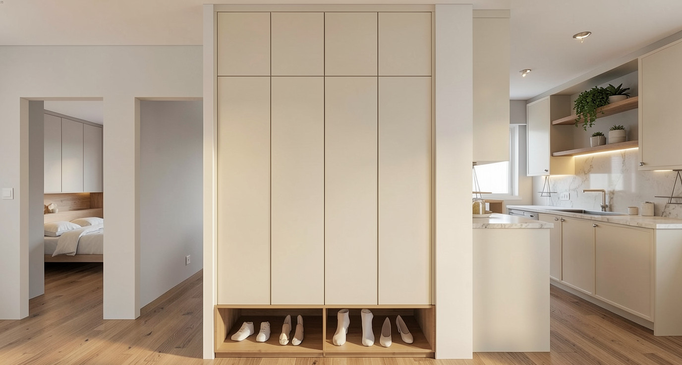 The suite entry, with a fitted closet and shoe storage — Studio Kimi