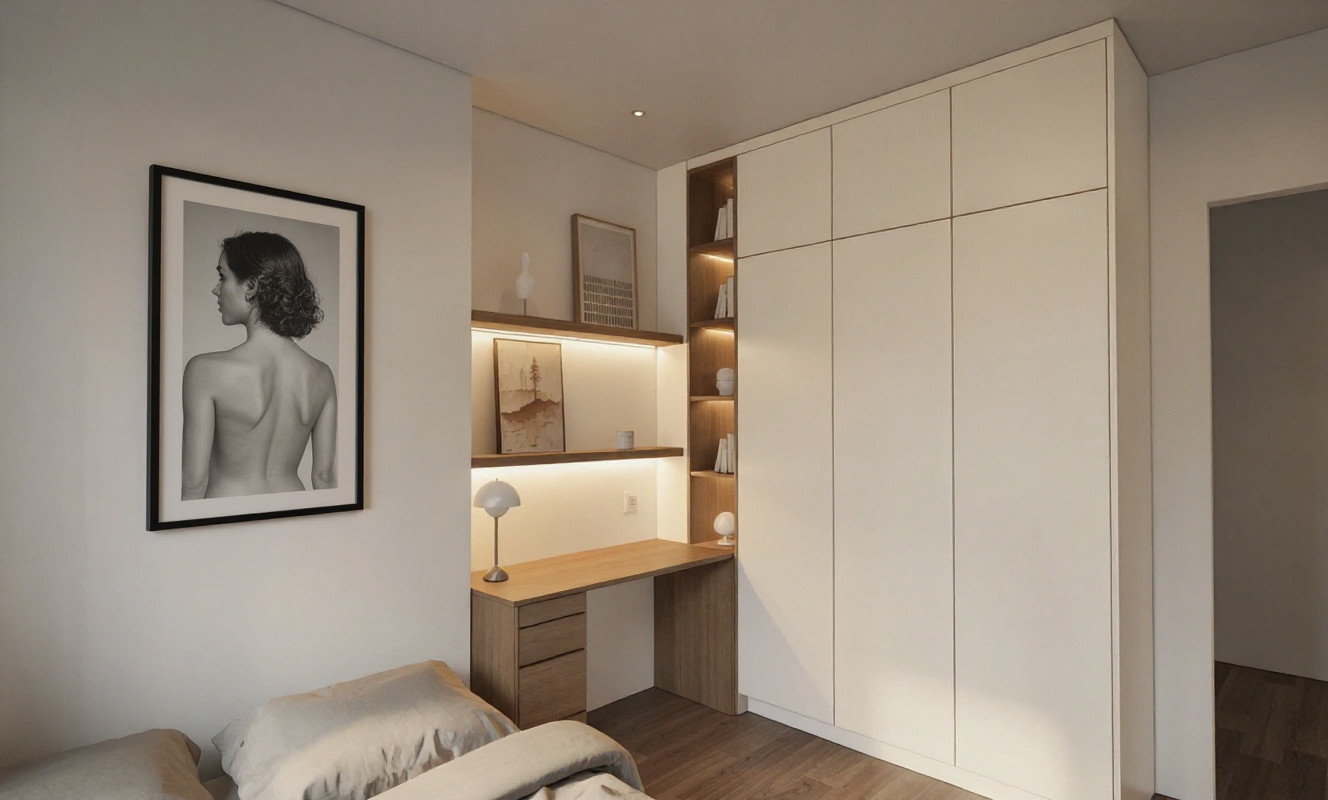 The second bedroom, with a built-in desk nook beside the bed — Studio Kimi