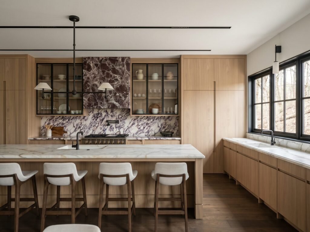 Sixth Lane main kitchen with a rosso marble hood, a Calacatta Viola slab range wall, glass-front upper cabinets and white oak cabinetry - Studio Kimi interior design in the GTA