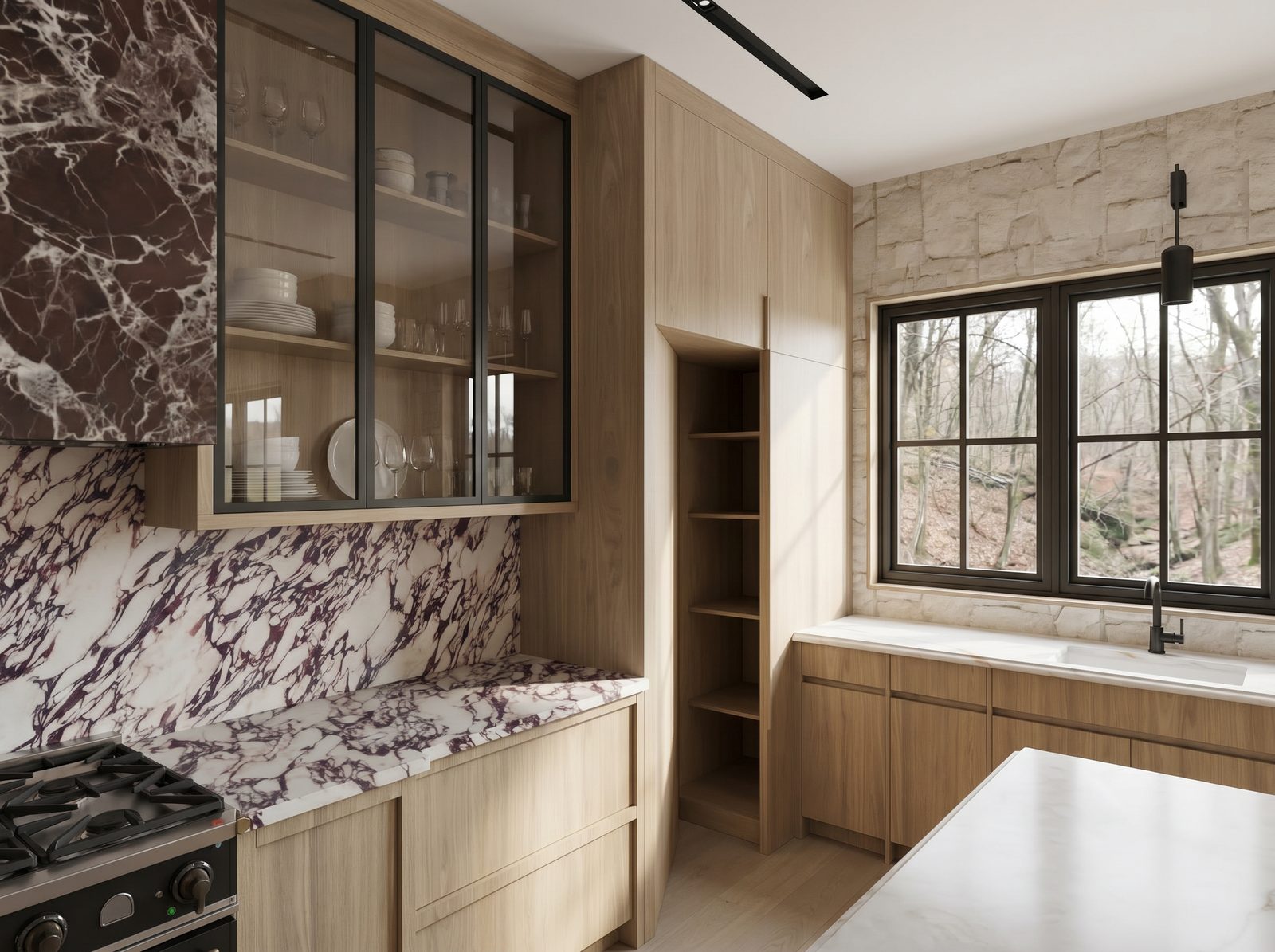 Prep corner with oxblood veined marble hood and Calacatta Viola backsplash against warm white oak cabinetry