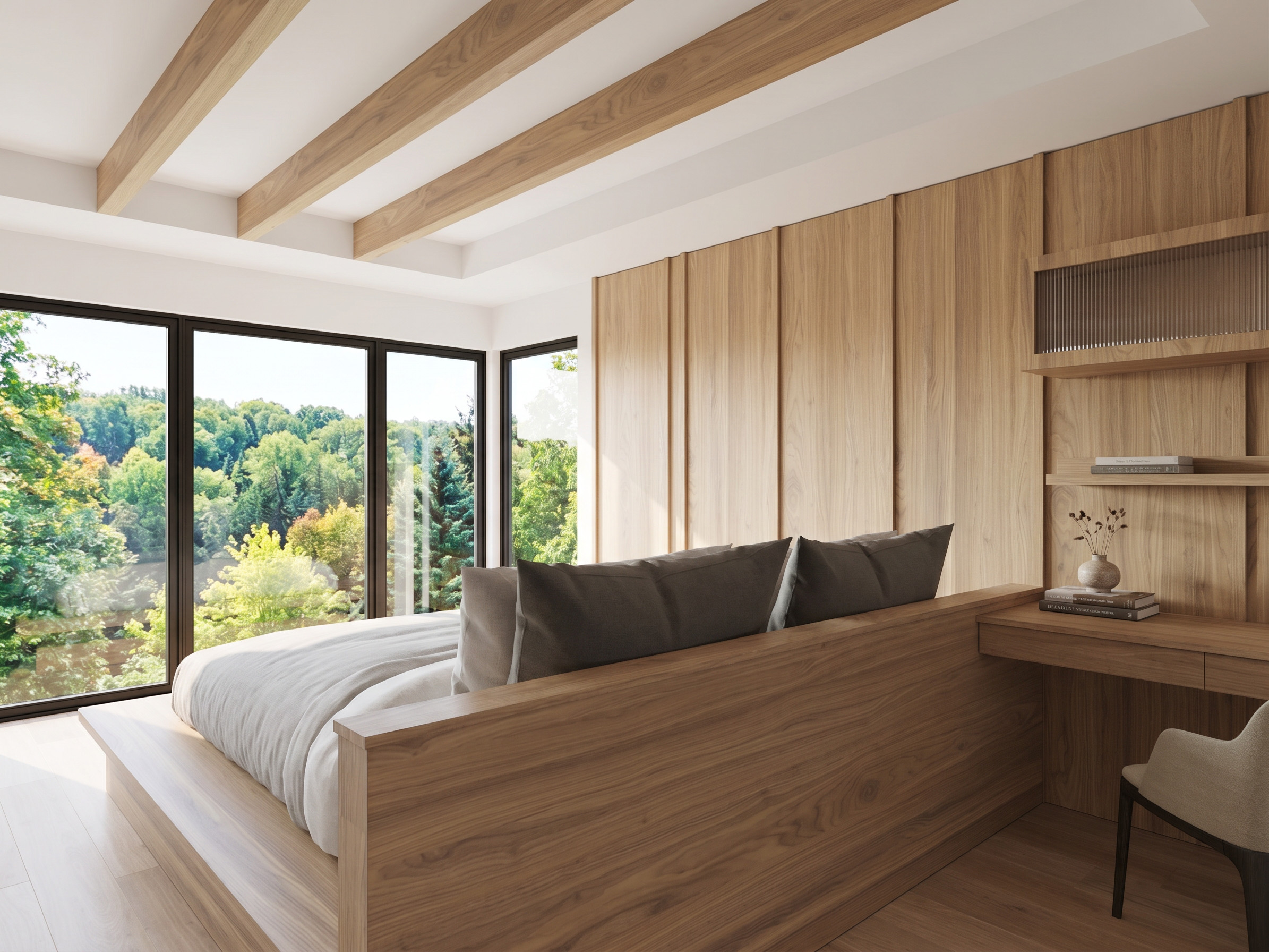 Sixth Lane primary bedroom with white oak panelling and forest view — Studio Kimi interior design in the GTA