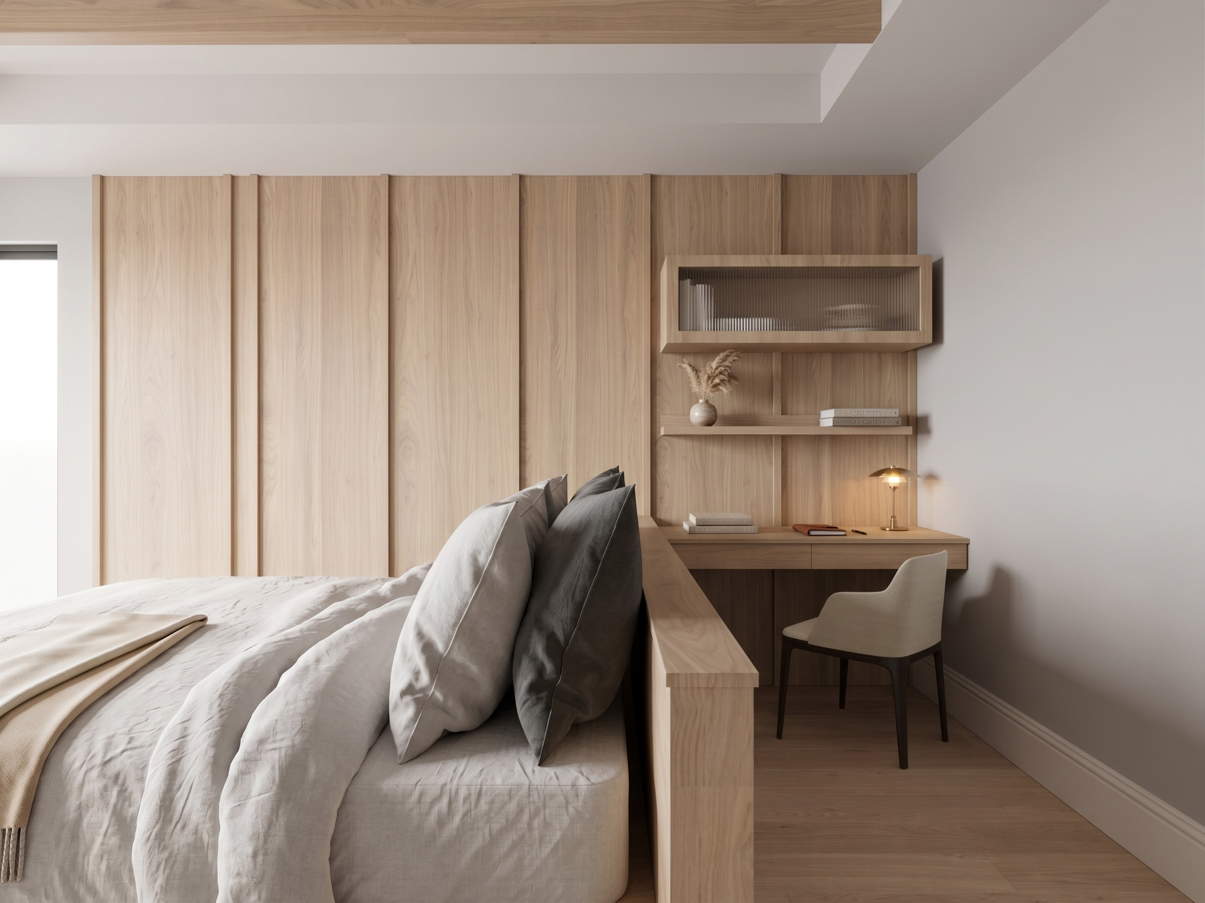 Sixth Lane primary bedroom with built-in white oak desk — Studio Kimi interior design in the GTA