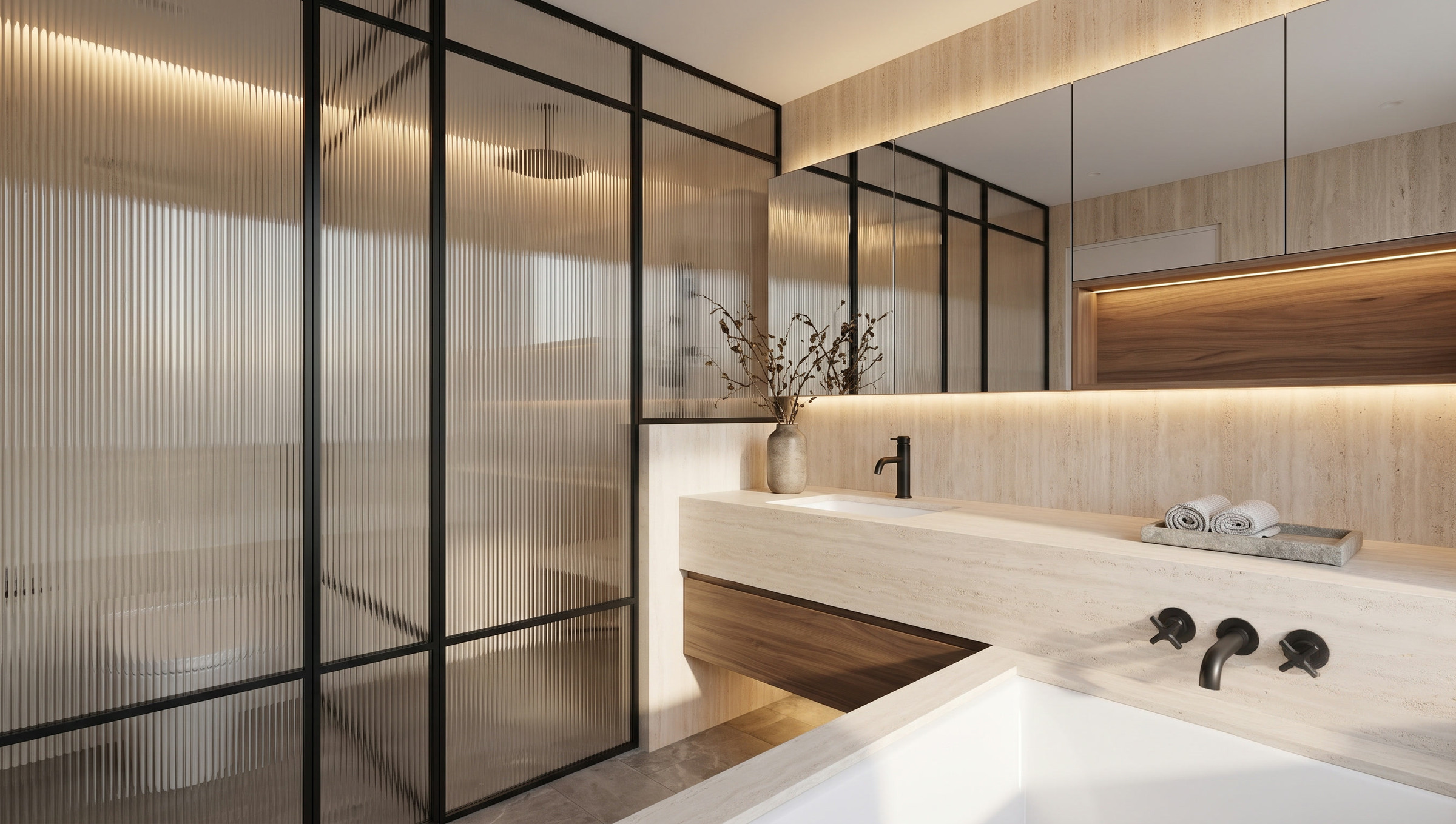 Sixth Lane primary ensuite with reeded glass shower screen — Studio Kimi interior design in the GTA