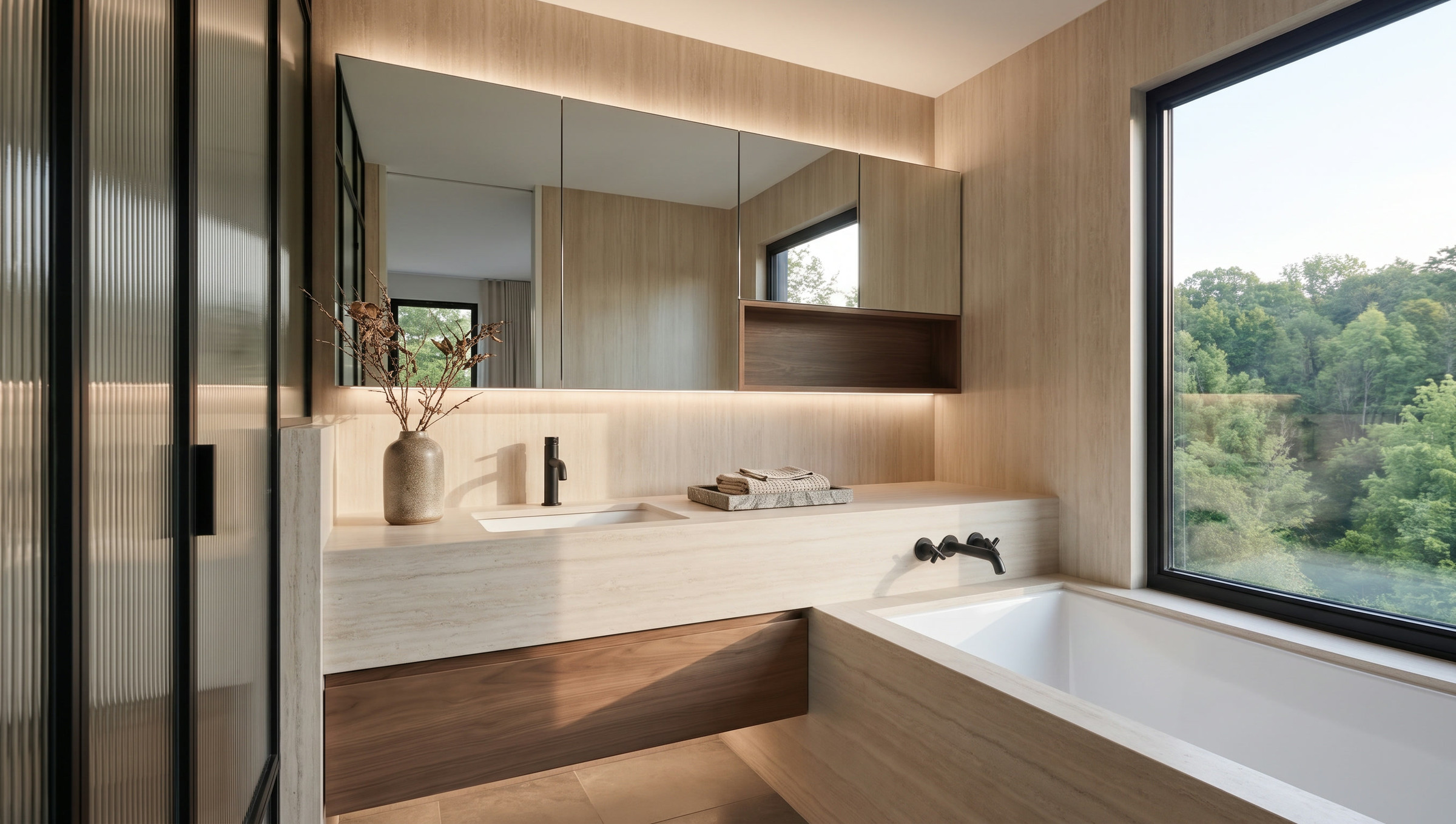 Sixth Lane primary ensuite with travertine, oak and a window-side tub — Studio Kimi interior design in the GTA