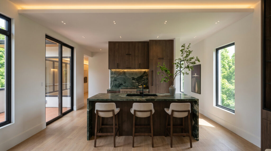 Sixth Lane upper kitchen with green stone island and dark oak — Studio Kimi interior design in the GTA