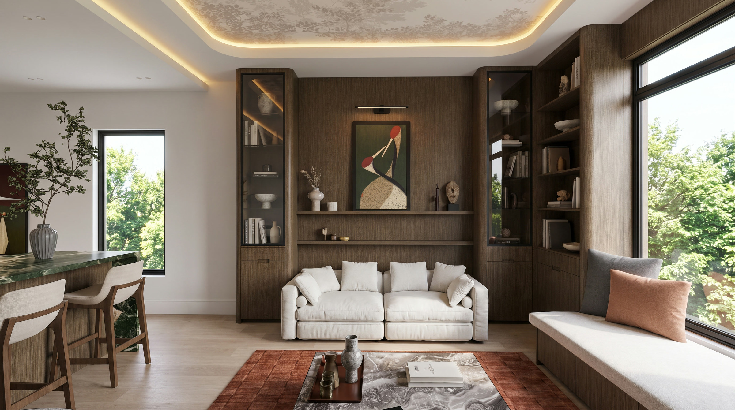Sixth Lane upper living room with built-in window seat — Studio Kimi interior design in the GTA