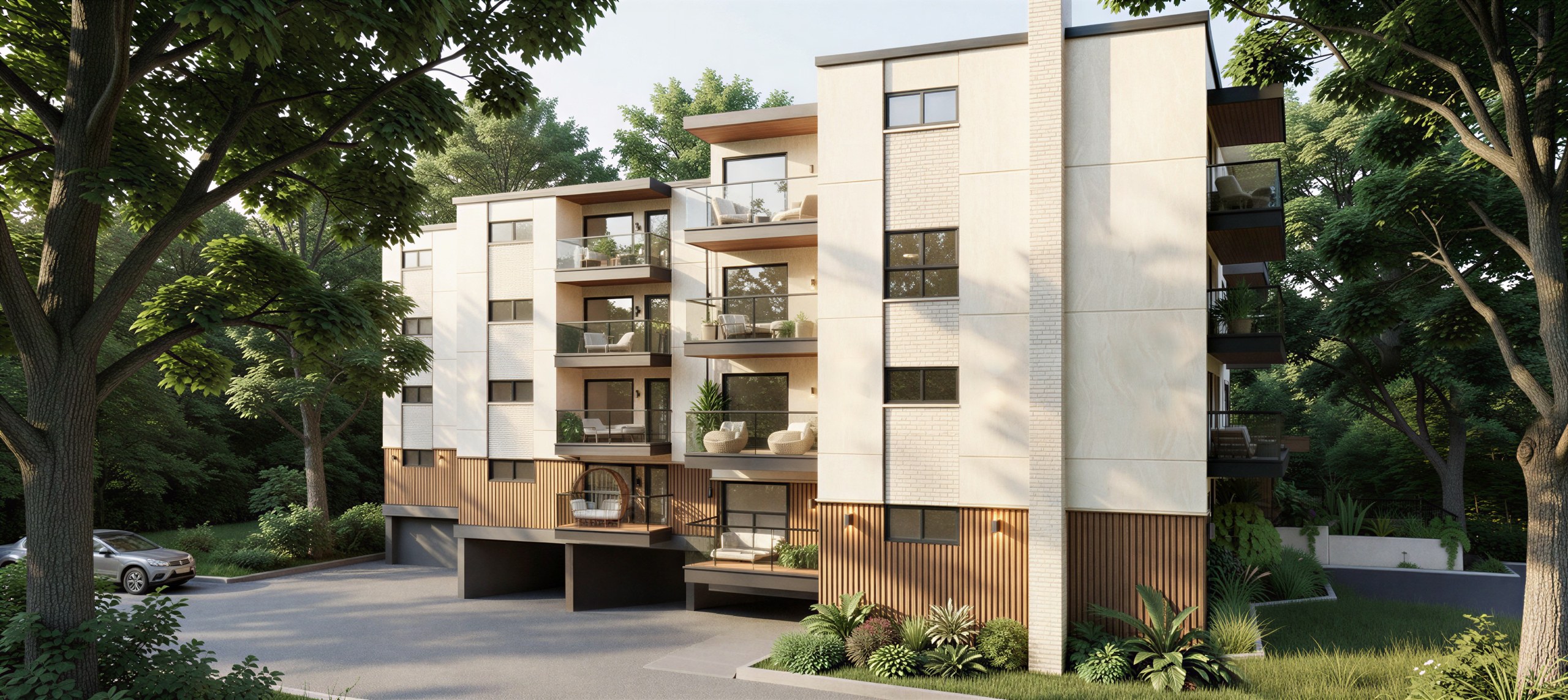 Pearl building with glass balconies over a timber-slat base — Studio Kimi, Burlington